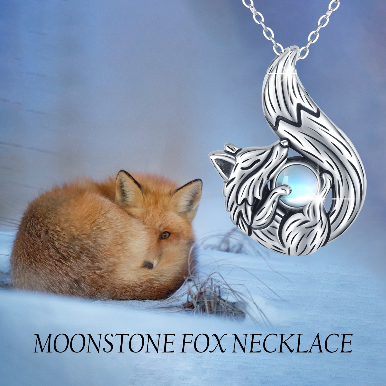 Sterling Silver Circular Shaped Moonstone Fox Pendant Necklace