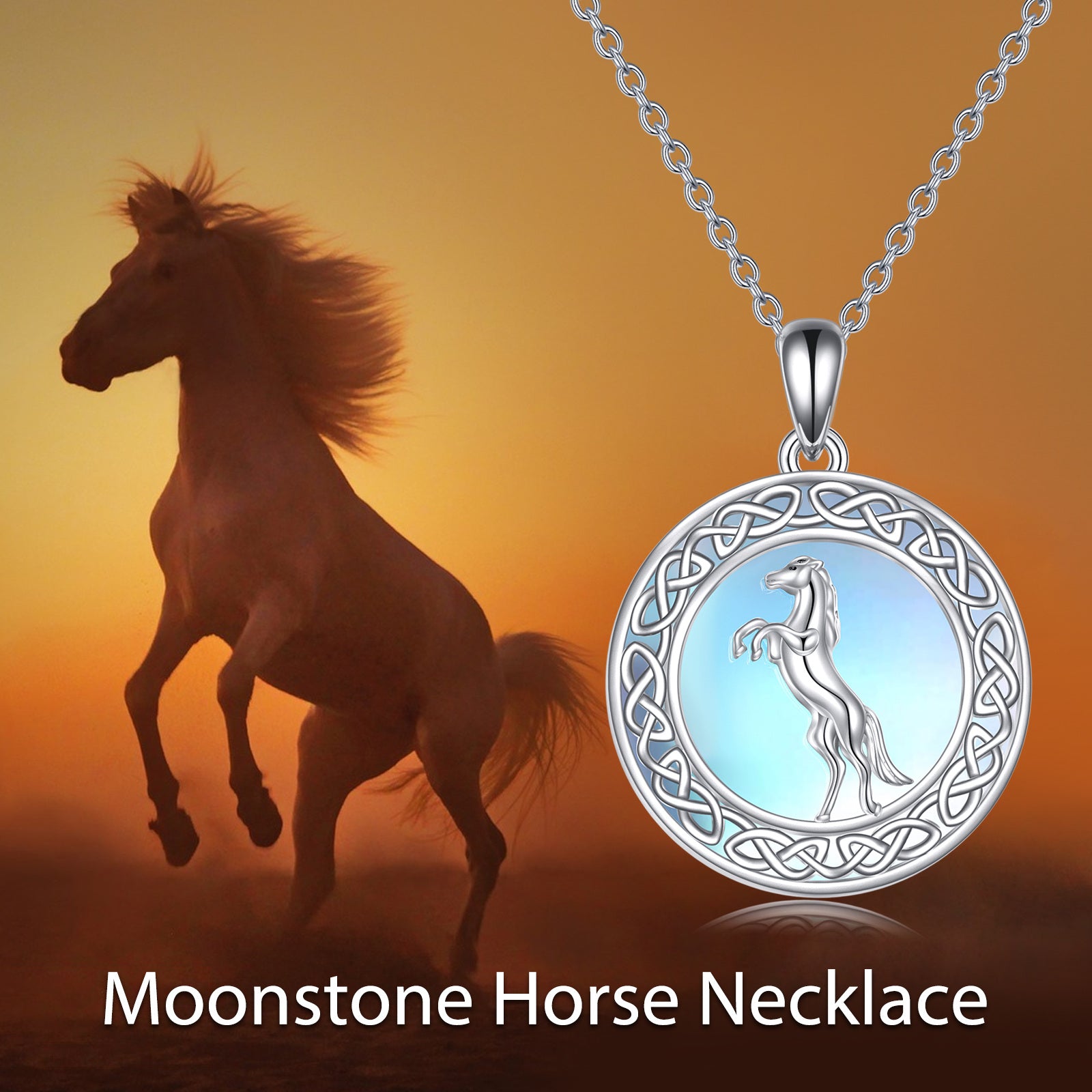 Sterling Silver Circular Shaped Moonstone Horse & Celtic Knot Pendant Necklace
