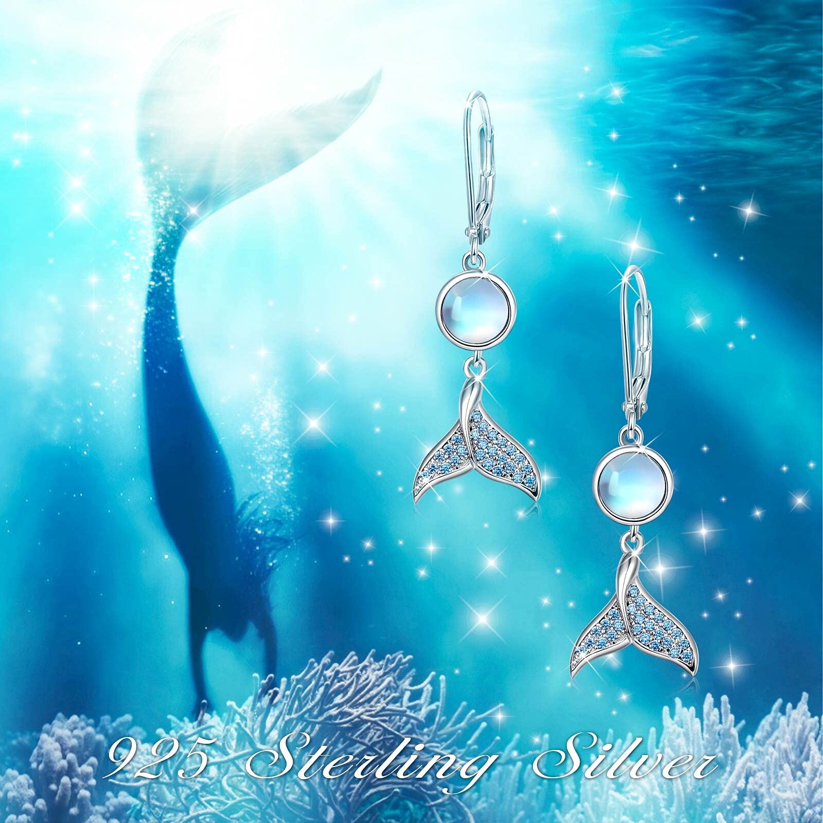 Sterling Silver Circular Shaped Moonstone Mermaid Tail Lever-back Earrings