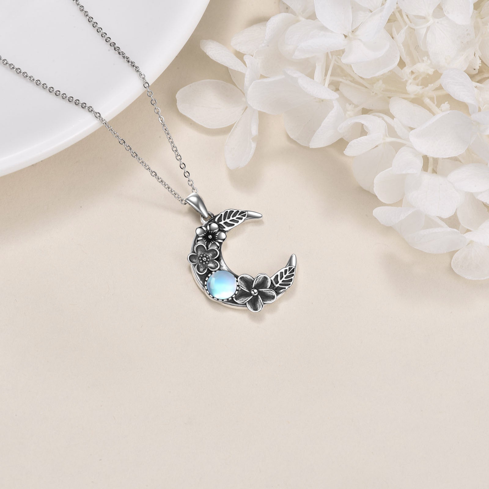 Sterling Silver Circular Shaped Moonstone Moon Pendant Necklace
