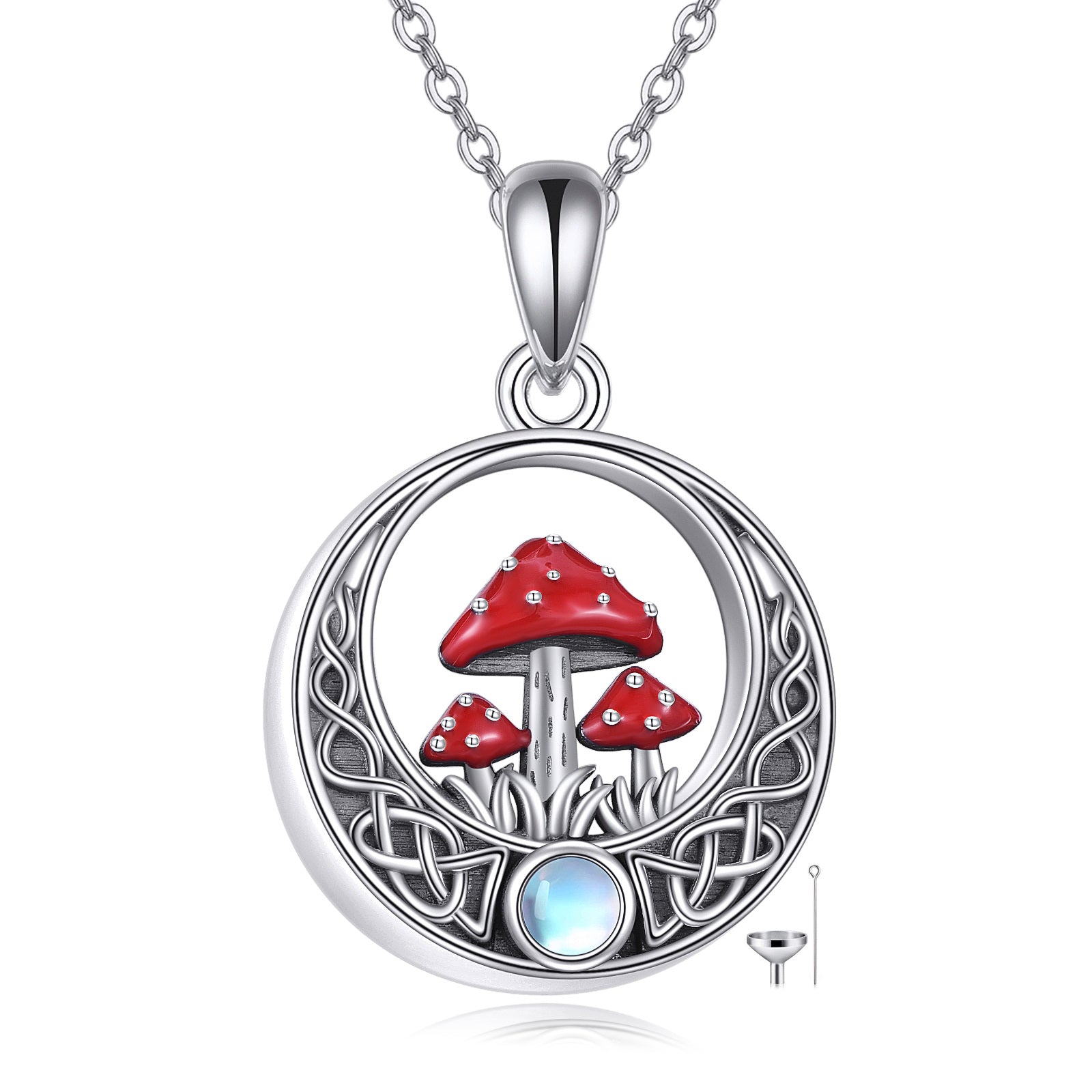 Sterling Silver Circular Shaped Moonstone Mushroom & Celtic Knot Urn Necklace for Ashes
