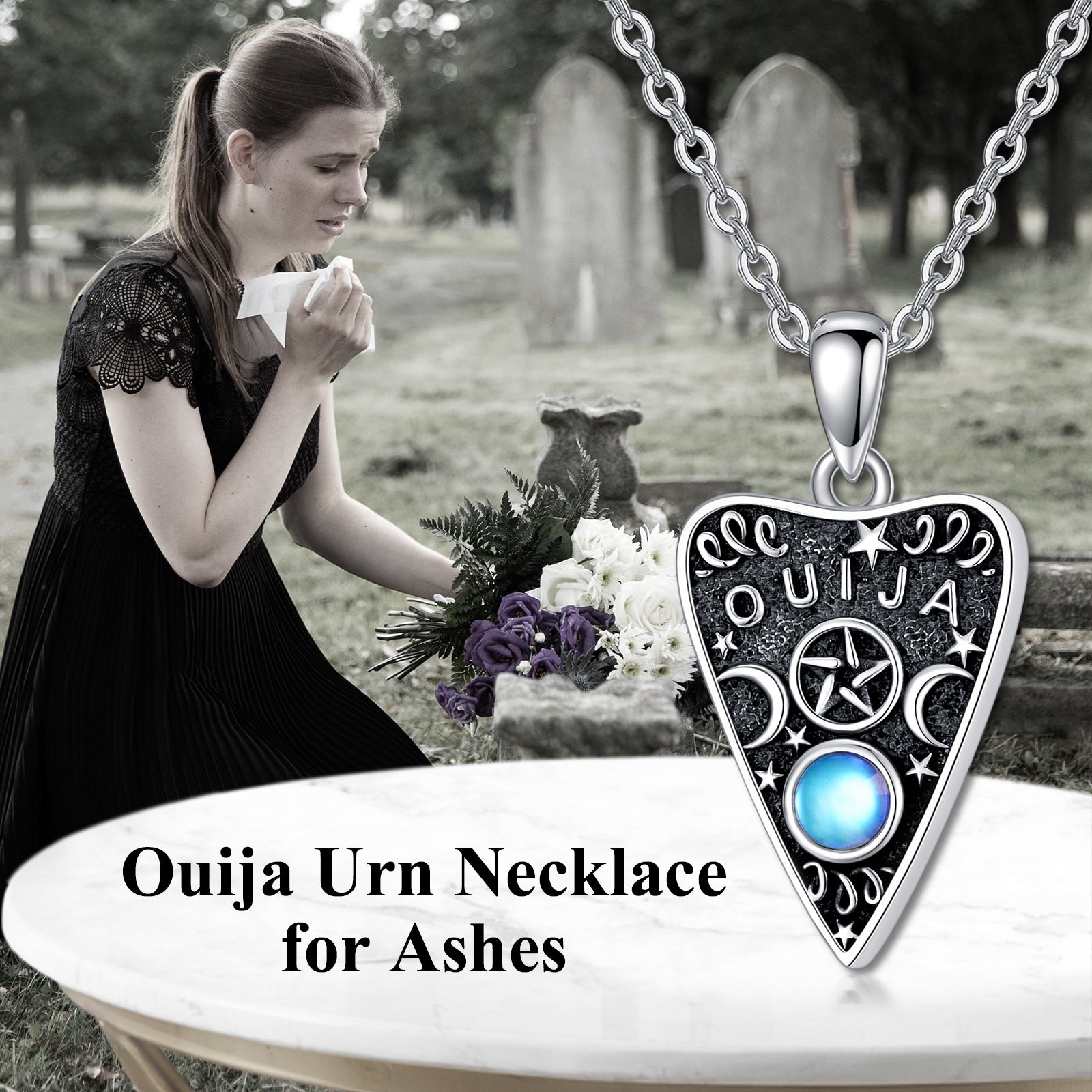 Sterling Silver Circular Shaped Moonstone Ouija Board Urn Necklace for Ashes