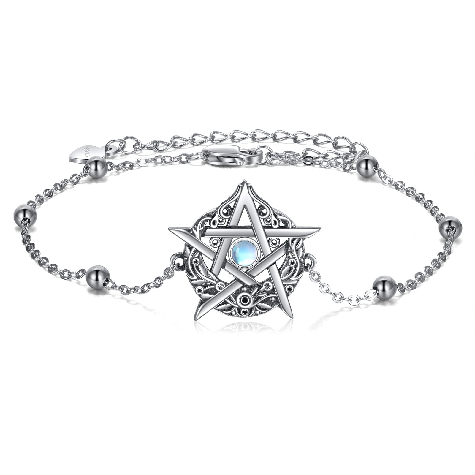 Sterling Silver Circular Shaped Moonstone Pentagram Charm Bracelet