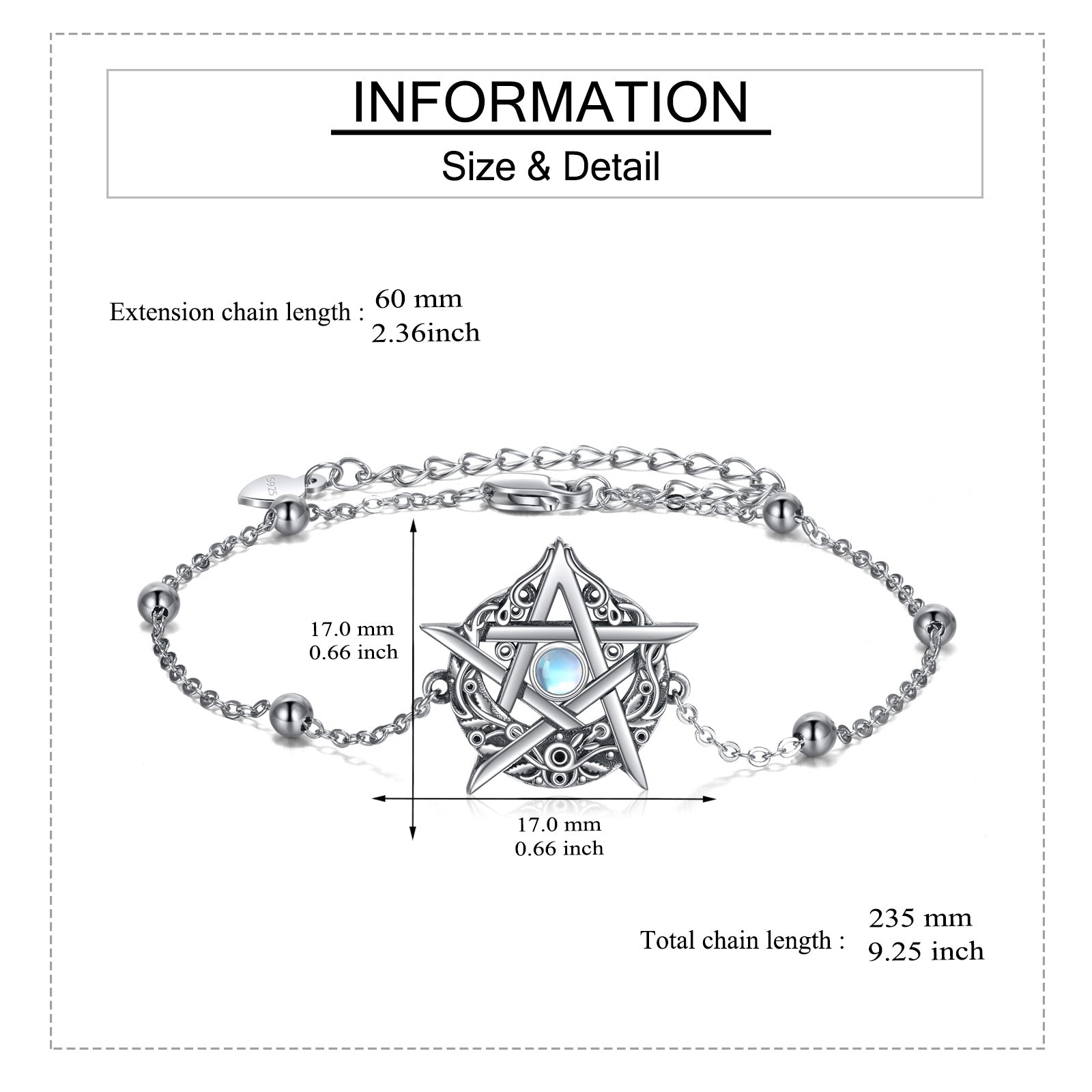Sterling Silver Circular Shaped Moonstone Pentagram Charm Bracelet