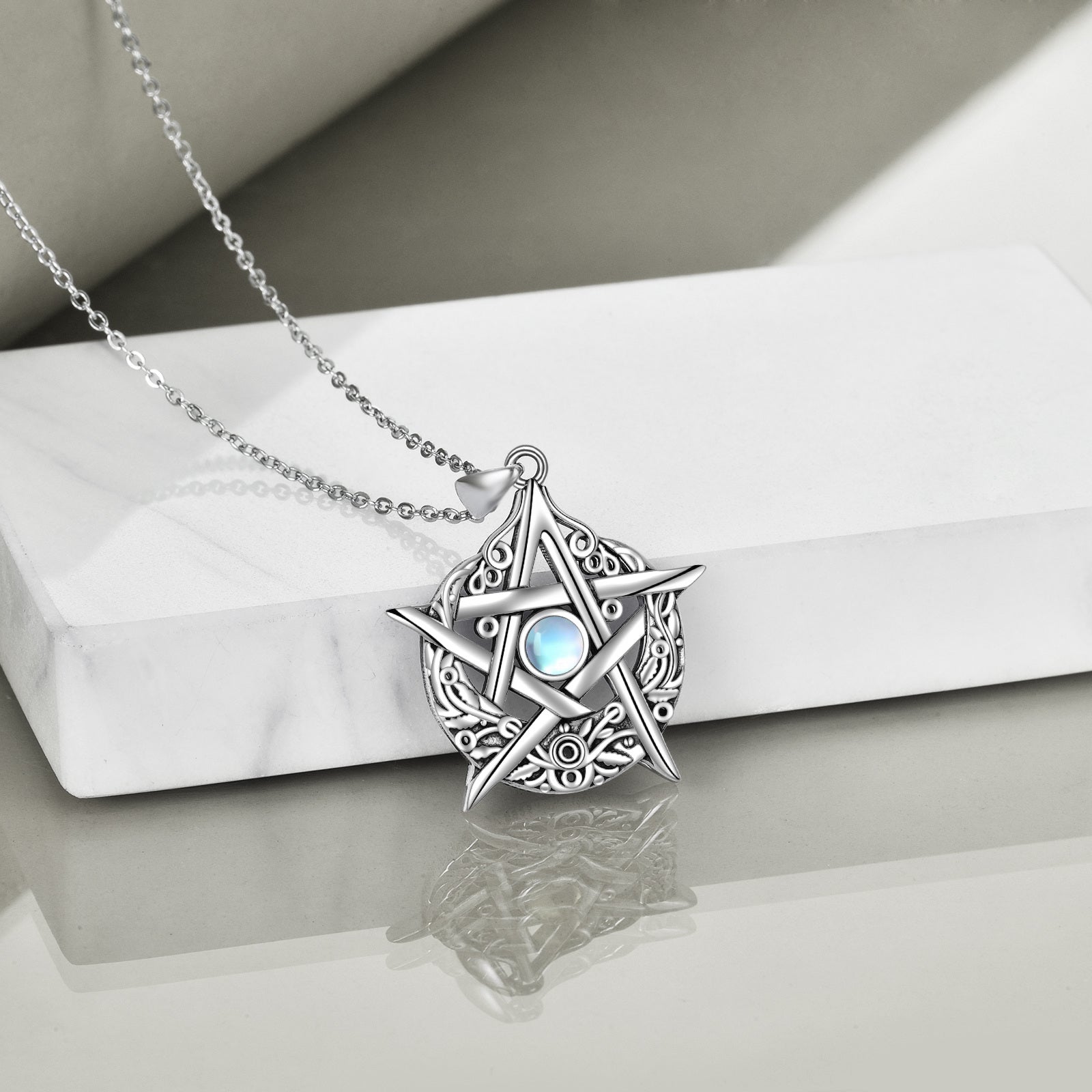 Sterling Silver Circular Shaped Moonstone Pentagram Pendant Necklace