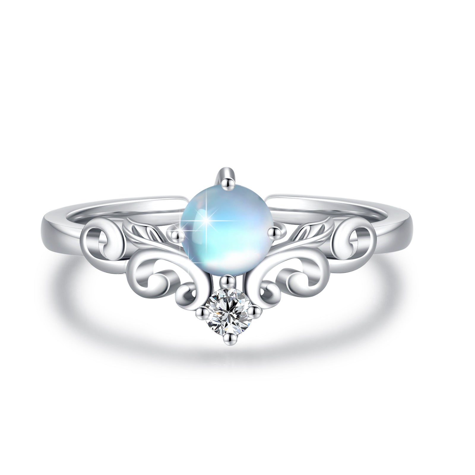 Sterling Silver Round Shaped Moonstone Rainbow Open Ring
