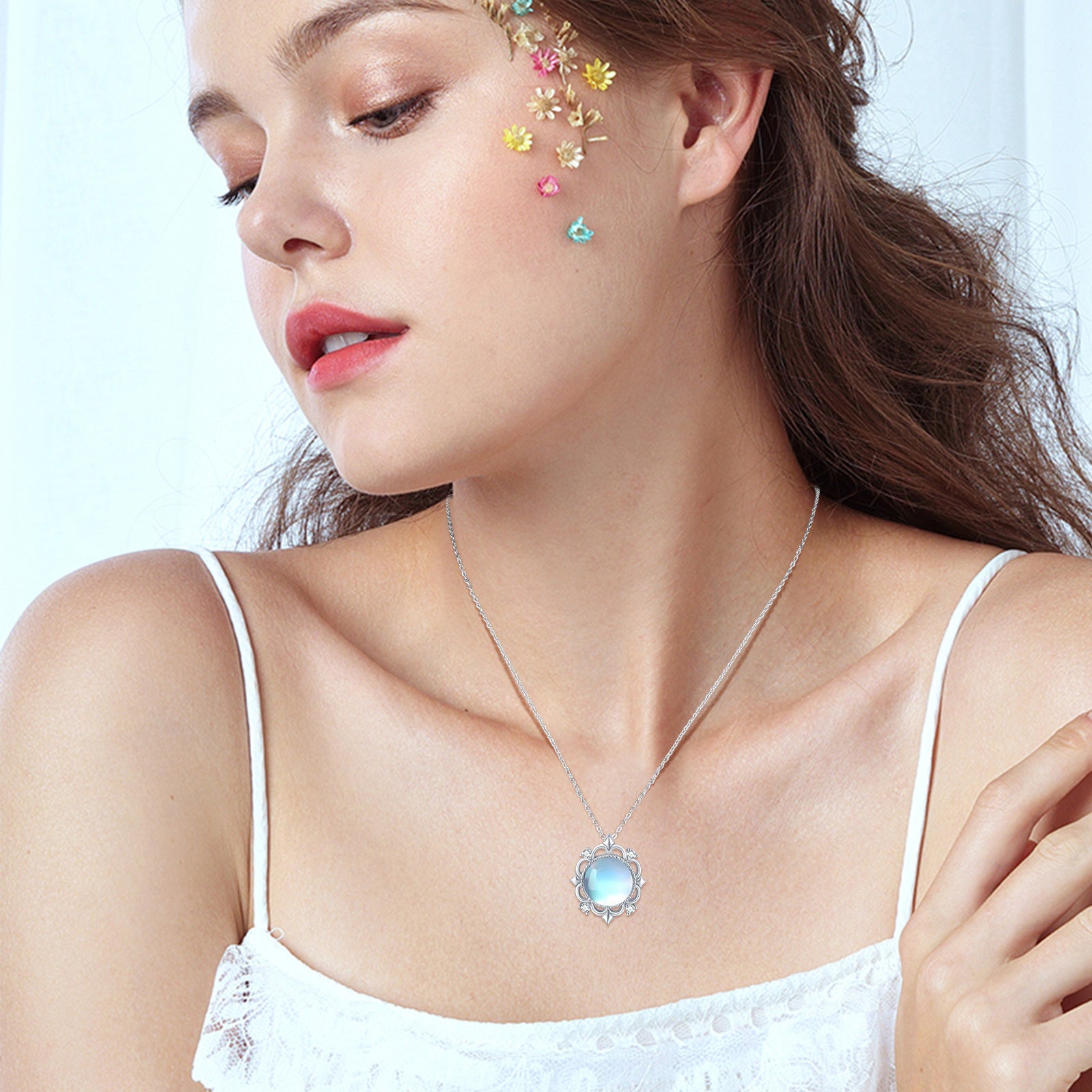 Sterling Silver Circular Shaped Moonstone Round Pendant Necklace for Her
