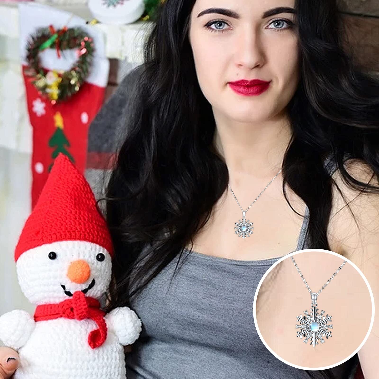 Sterling Silver Circular Shaped Moonstone & Cubic Zirconia Snowflake Pendant Necklace