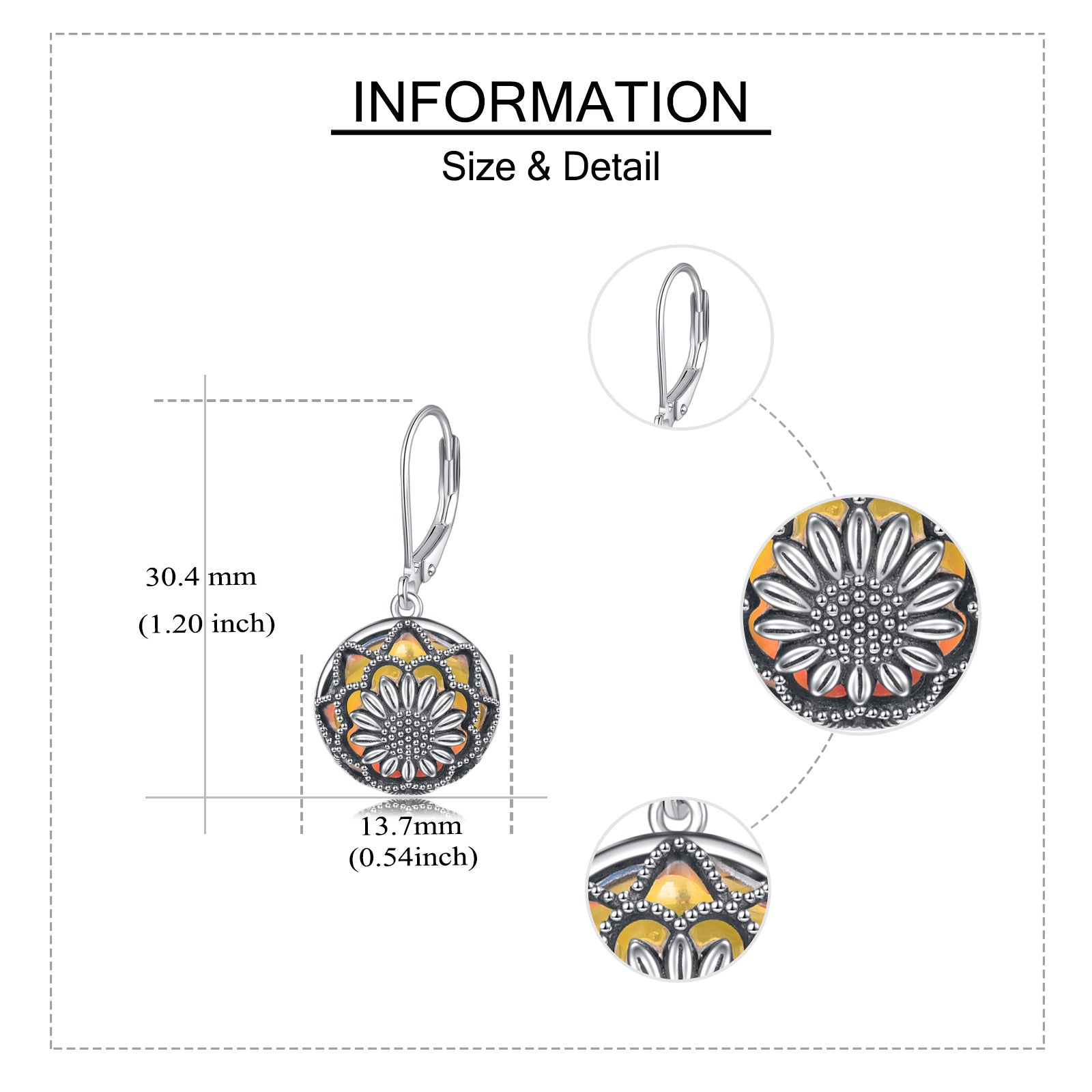 Sterling Silver Circular Shaped Moonstone Sunflower Lever-back Earrings