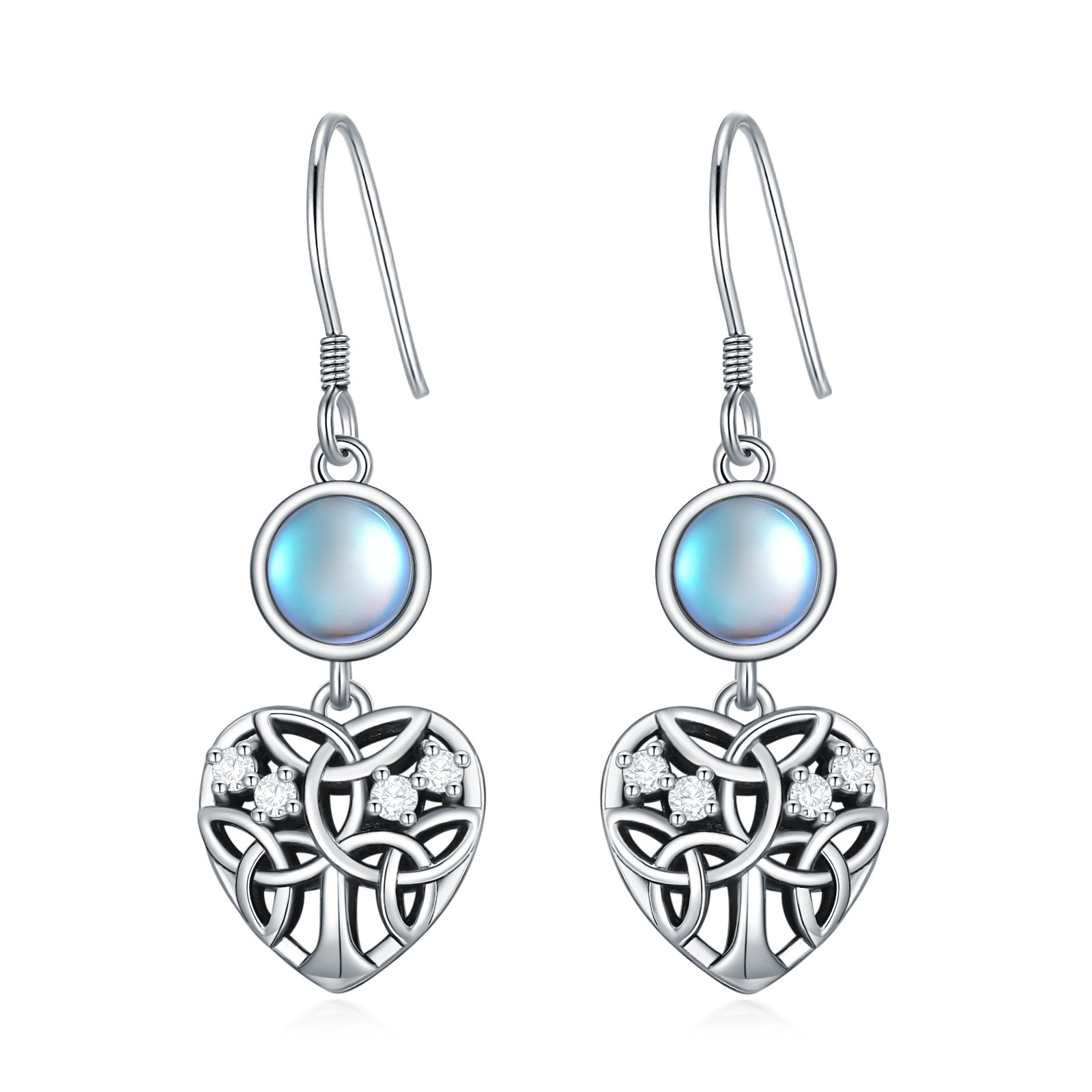 Sterling Silver Cubic Zirconia Moonstone Tree Of Life And Heart Drop Earrings For Women