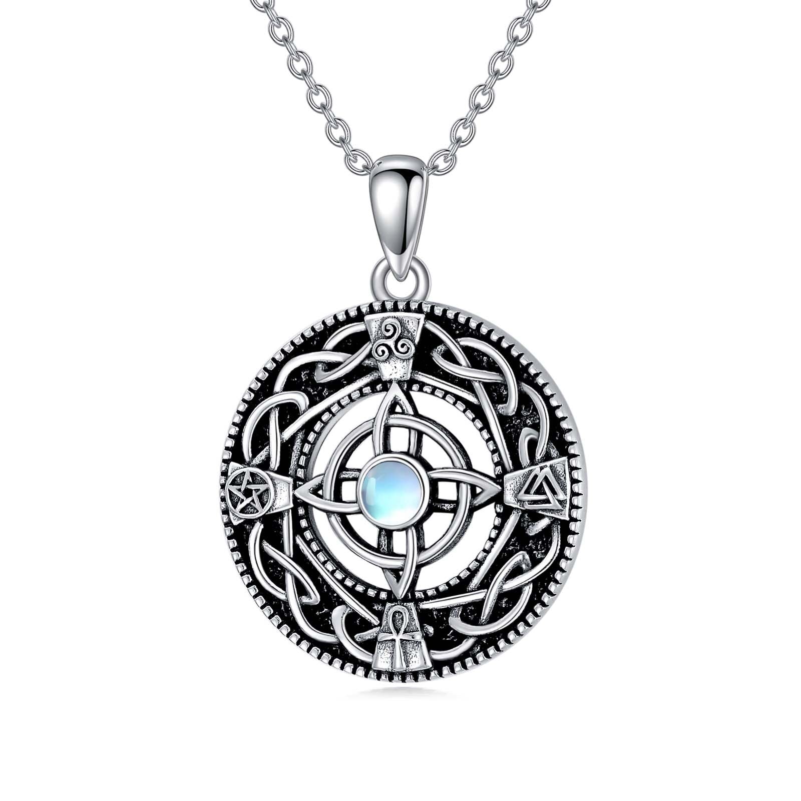 Sterling Silver Circular Shaped Moonstone Triforce Celtic Knot Pendant Necklace