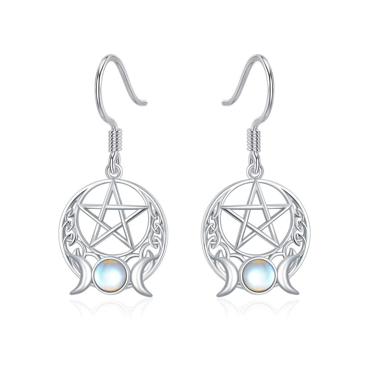 Sterling Silver Circular Shaped Moonstone Triple Moon Goddess Drop Earrings