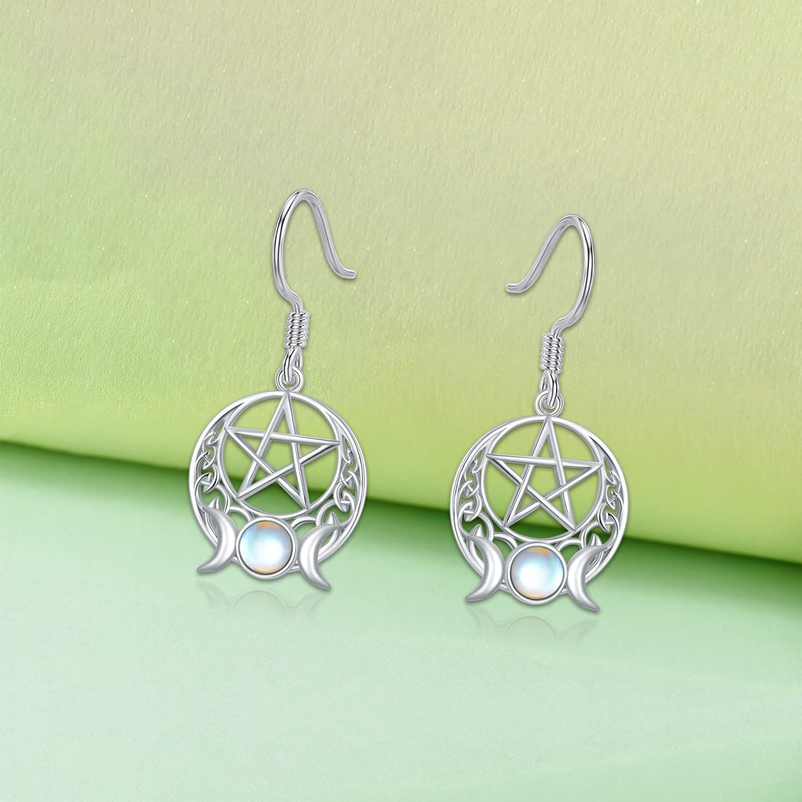 Sterling Silver Circular Shaped Moonstone Triple Moon Goddess Drop Earrings