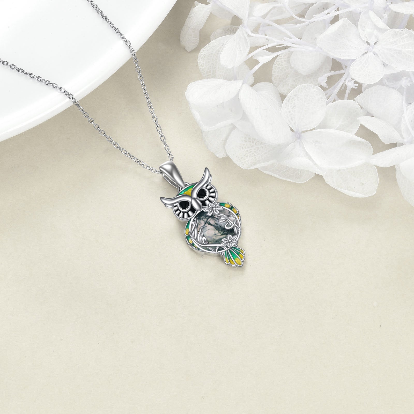 Sterling Silver Circular Shaped Moss Agate Owl Pendant Necklace