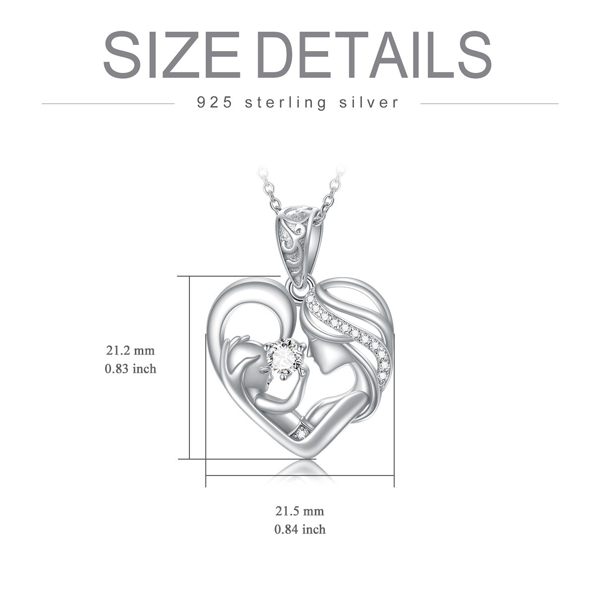 Sterling Silver Circular Shaped Cubic Zirconia Mother & Daughter Heart Pendant Necklace