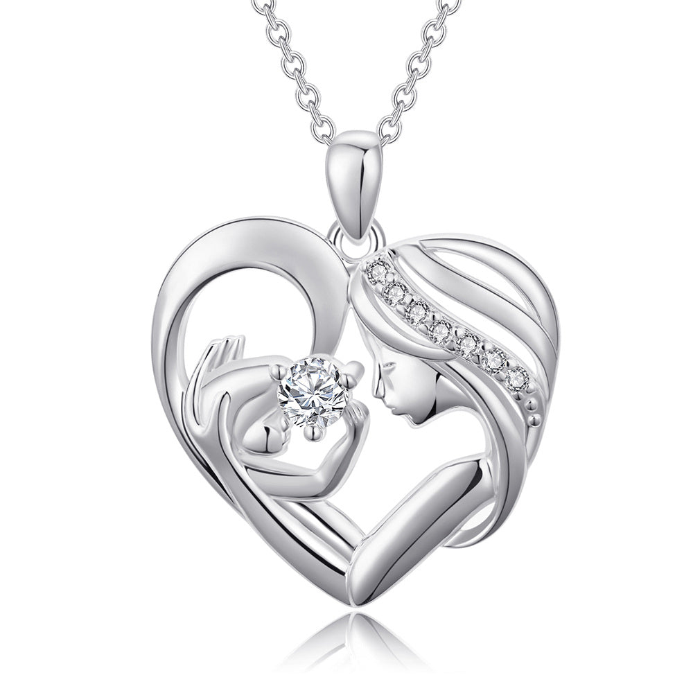 Sterling Silver Circular Shaped Cubic Zirconia Mother & Heart Pendant Necklace