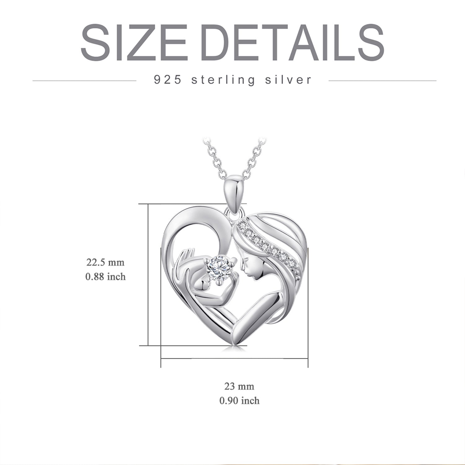 Sterling Silver Circular Shaped Cubic Zirconia Mother & Heart Pendant Necklace