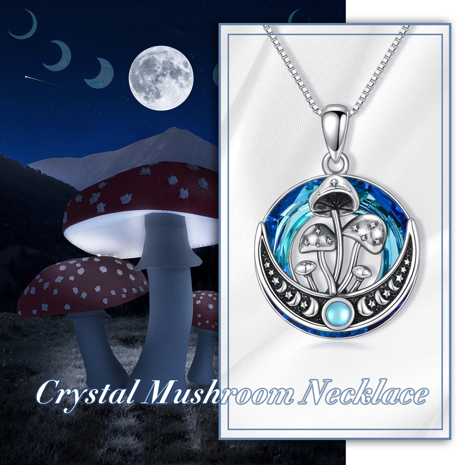 Sterling Silver Circular Shaped Mushroom & Moon Crystal Pendant Necklace