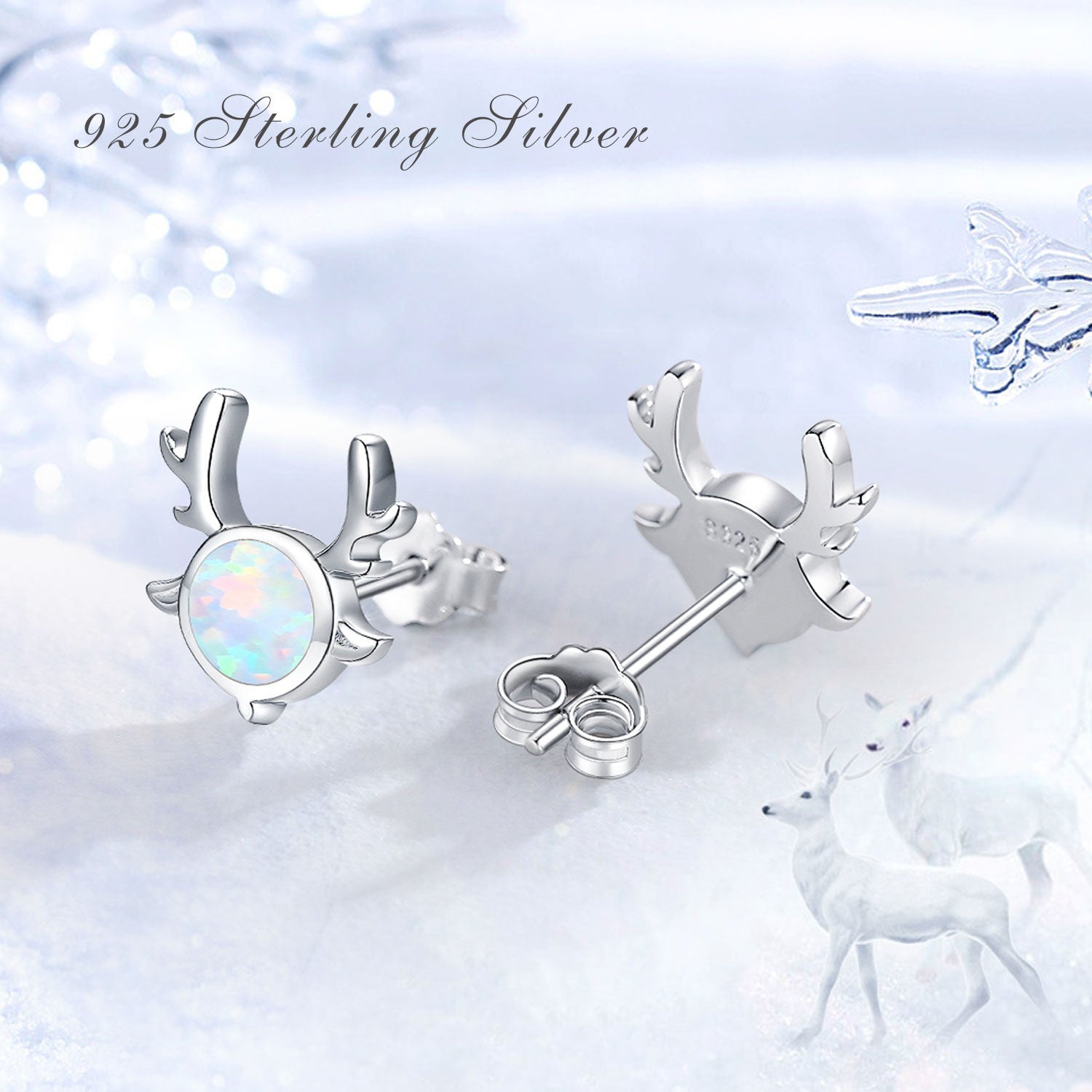 Sterling Silver Circular Shaped Opal Elk Stud Earrings