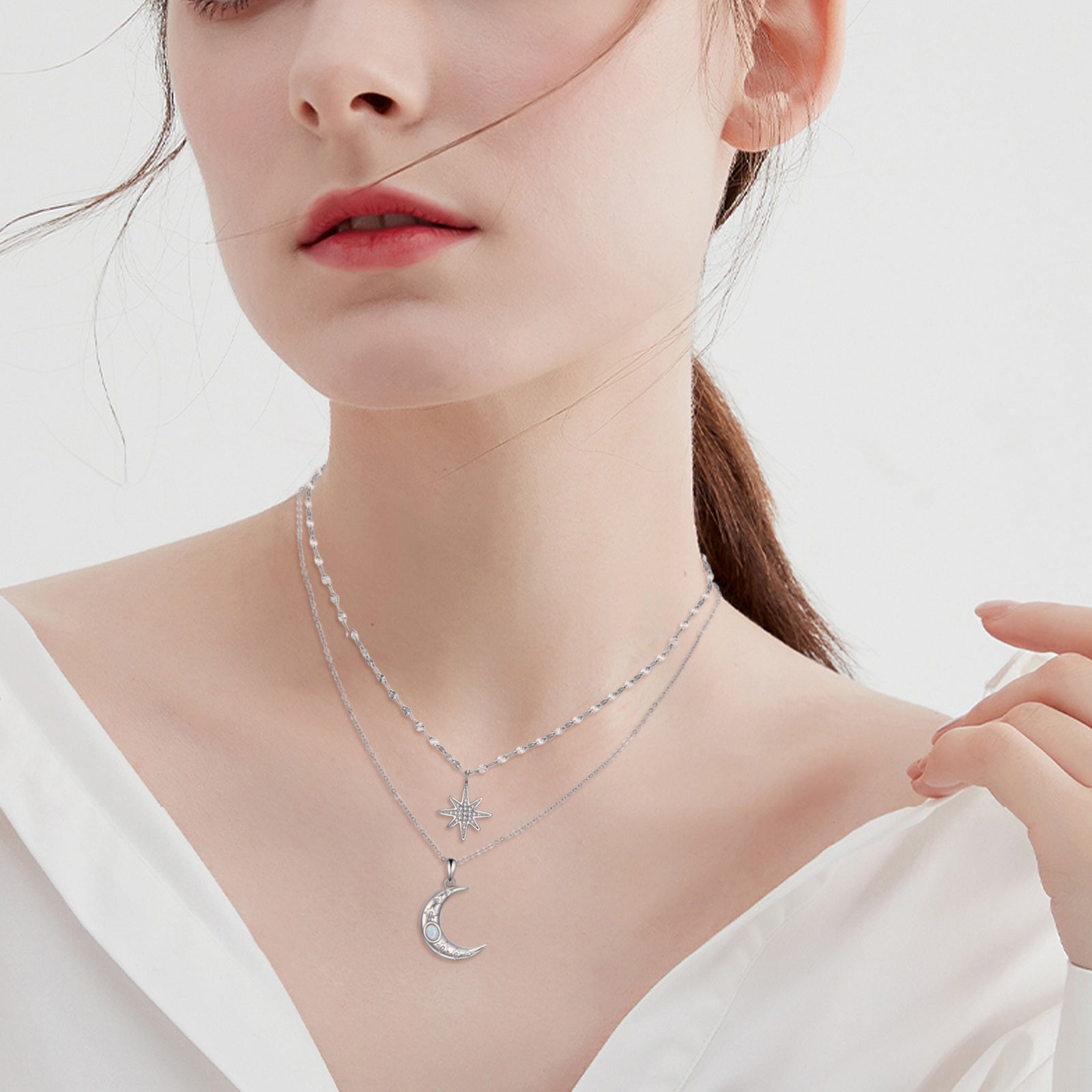 Sterling Silver Circular Shaped Opal Moon & Star Layered Necklace