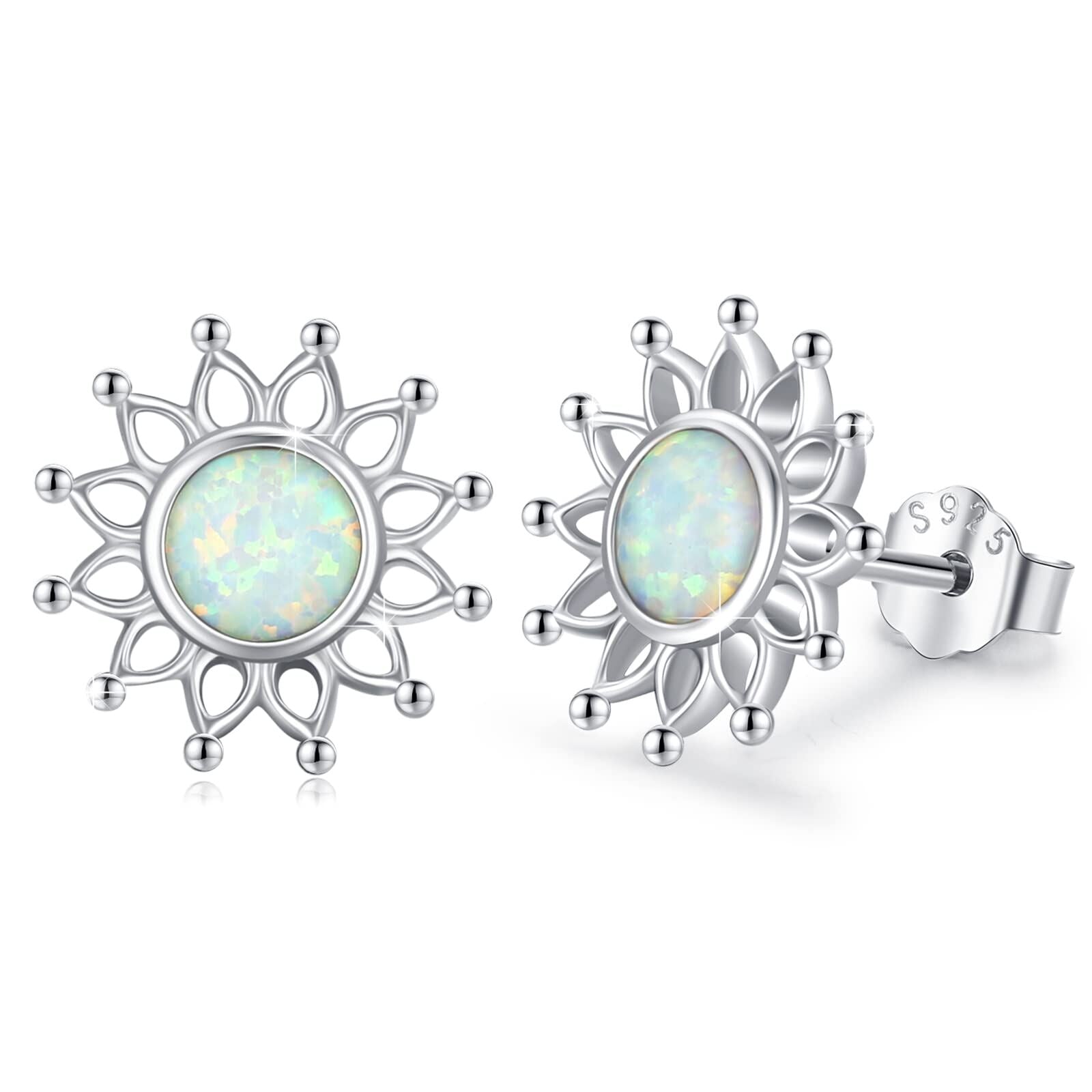 Sterling Silver Circular Shaped Opal Sunflower Stud Earrings