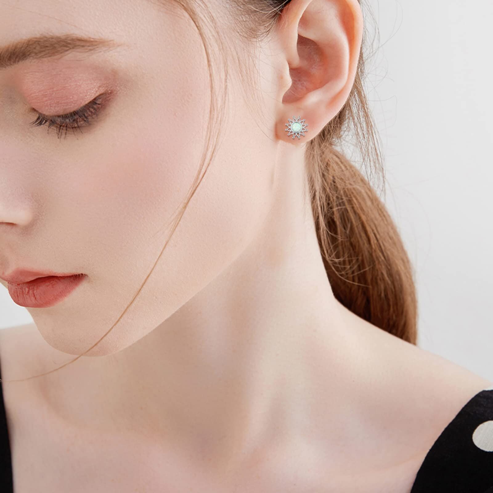 Sterling Silver Circular Shaped Opal Sunflower Stud Earrings