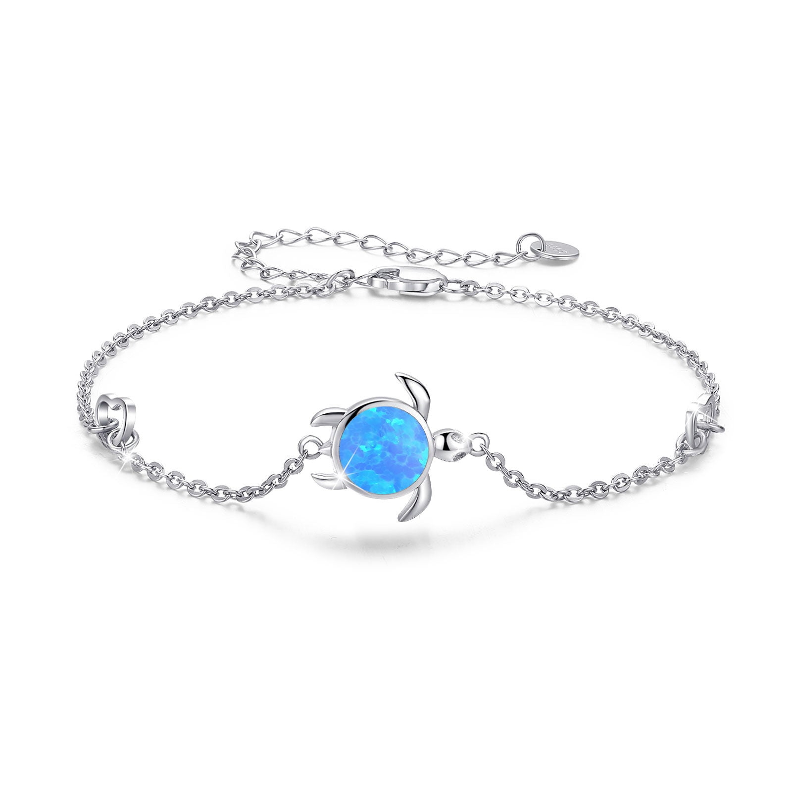 Sterling Silver Circular Shaped Opal Tortoise Charm Bracelet