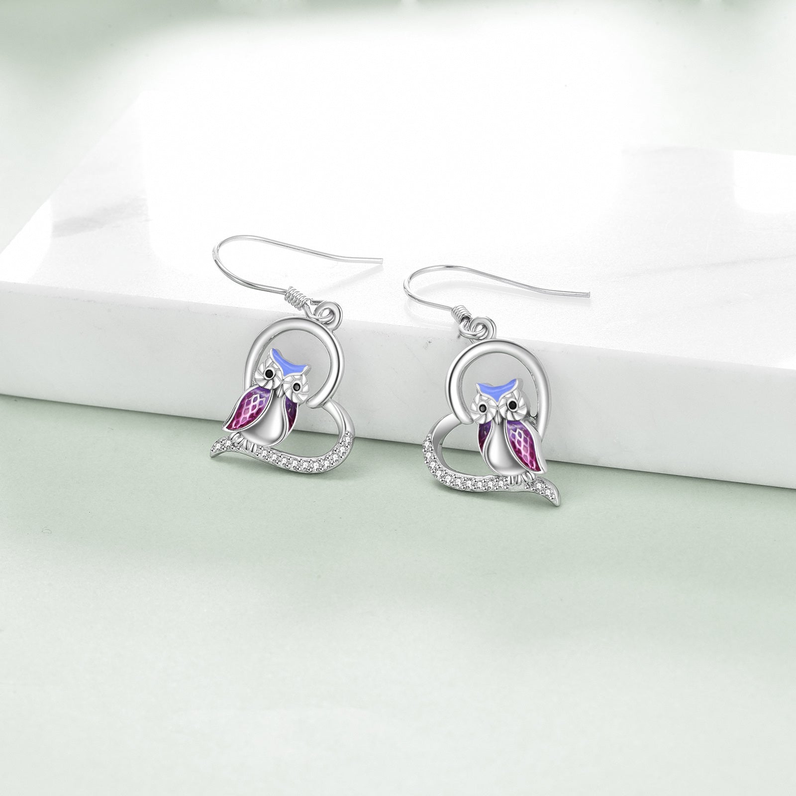 Sterling Silver Circular Shaped Cubic Zirconia Owl Drop Earrings