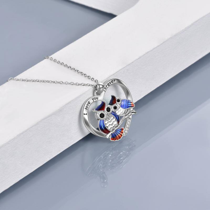 Sterling Silver Circular Shaped Owl & Heart Pendant Necklace with Engraved Word