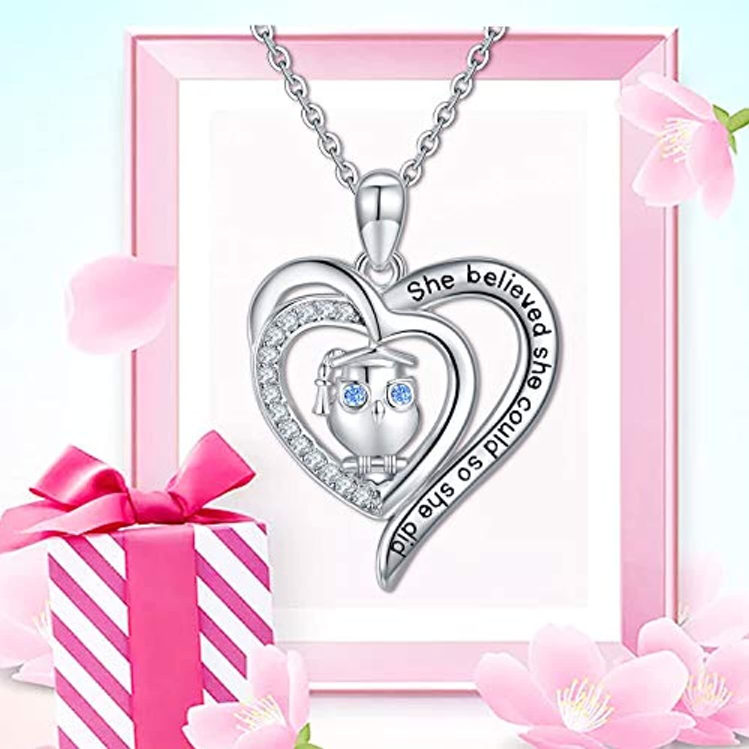Sterling Silver Circular Shaped Cubic Zirconia Owl Pendant Necklace with Engraved Word