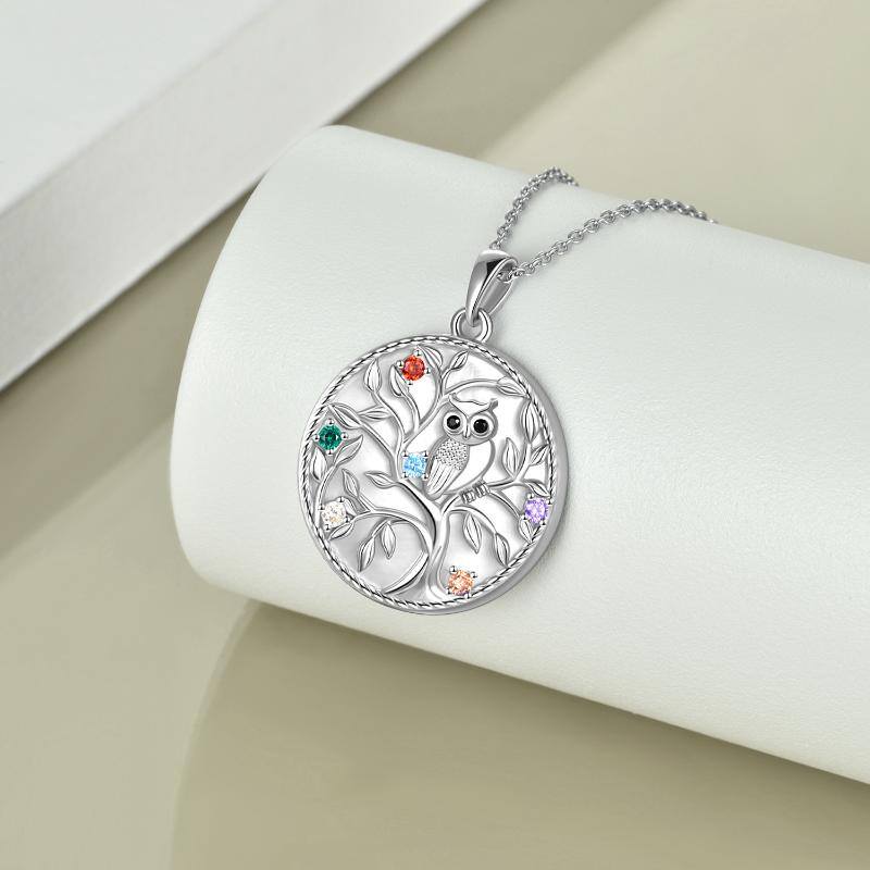 Sterling Silver Circular Shaped Cubic Zirconia Owl & Tree Of Life Pendant Necklace