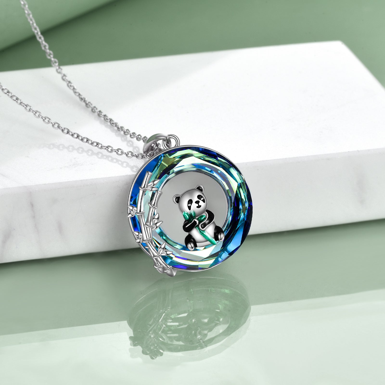Sterling Silver Circular Shaped Panda & Bamboo Crystal Pendant Necklace