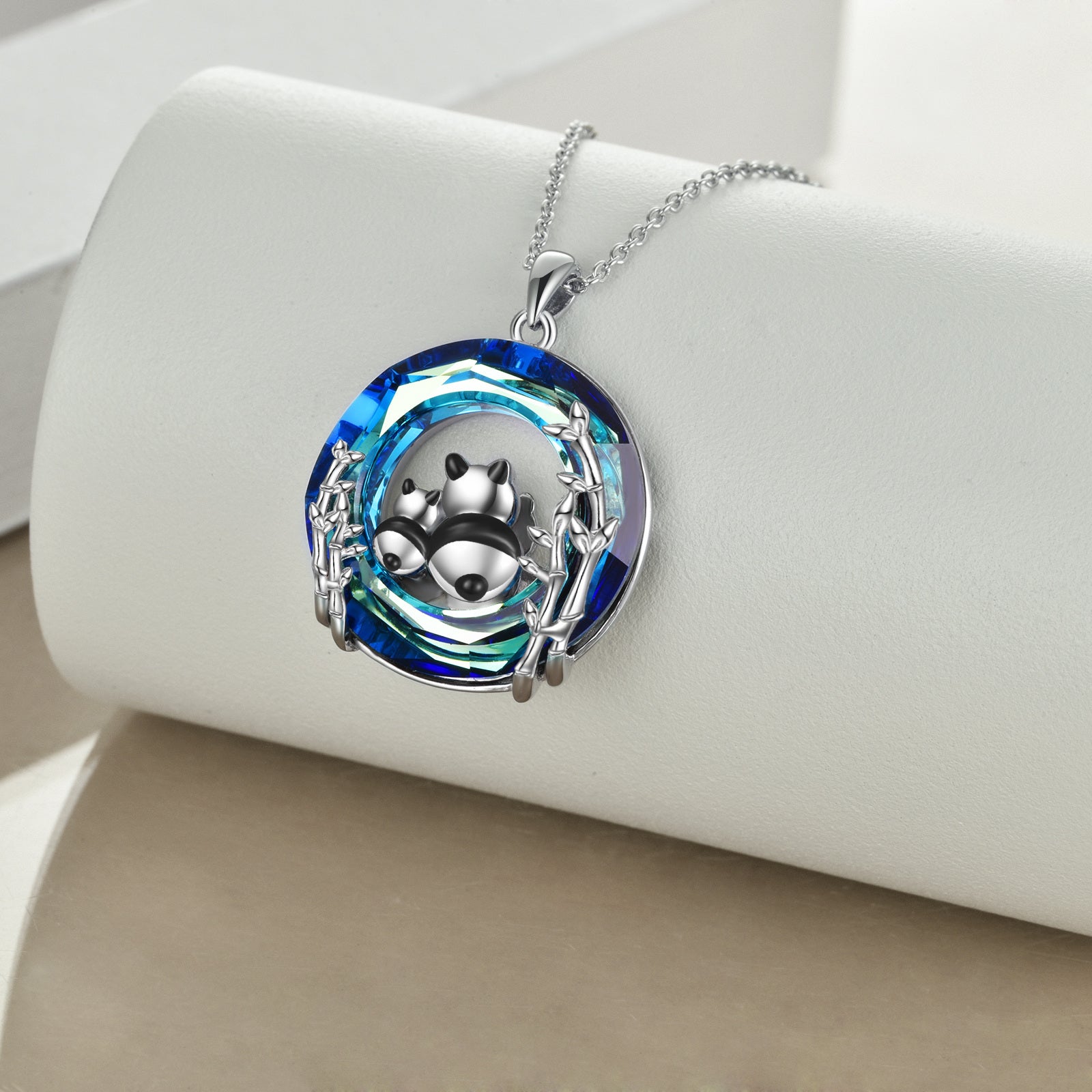 Sterling Silver Circular Shaped Panda Crystal Pendant Necklace