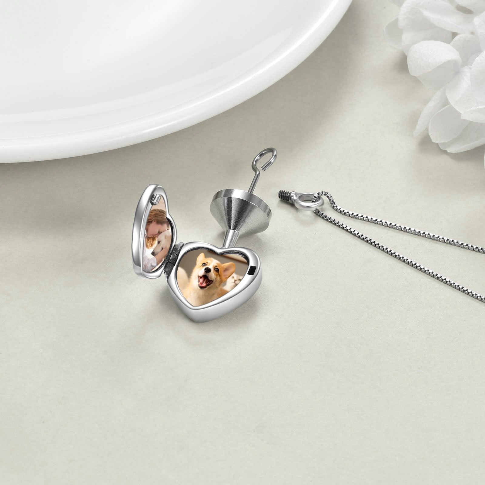 Sterling Silver Circular Cubic Zirconia Paw & Angel Wing Urn Necklace For Ashes