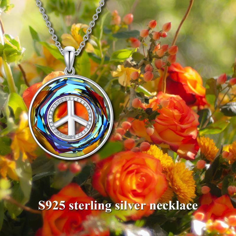 Sterling Silver Circular Shaped Peace Symbol Crystal Pendant Necklace