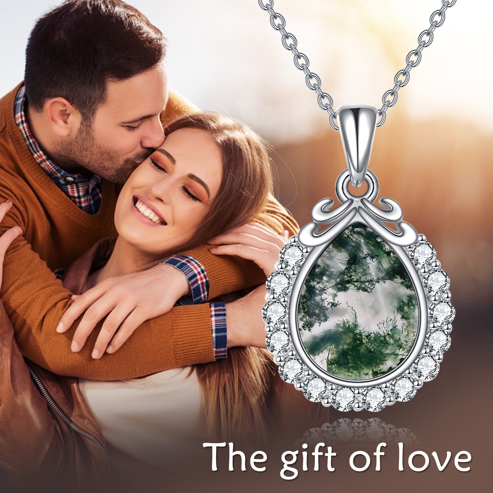 Sterling Silver Pear Moss Agate Filigree Pendant Necklace For Women