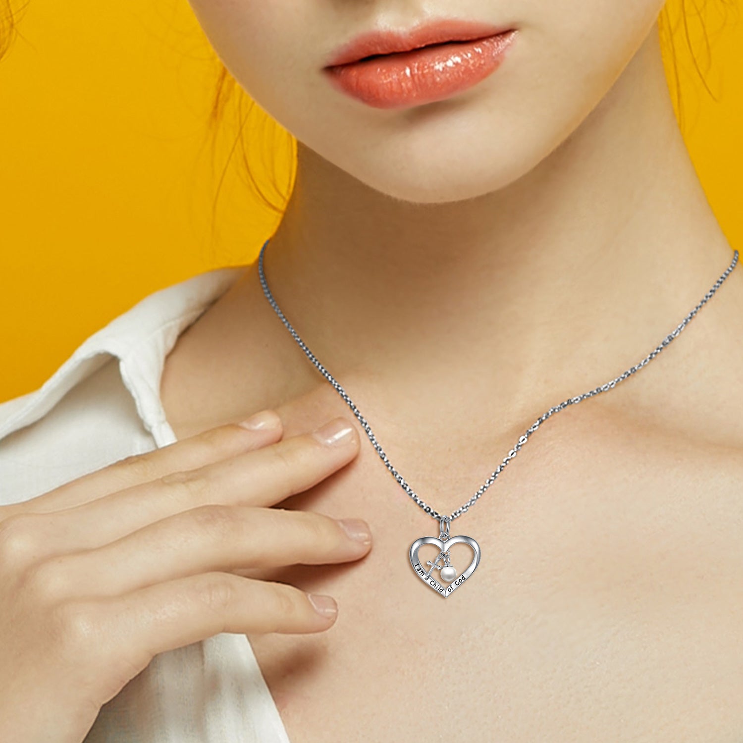 Sterling Silver Circular Shaped Pearl Cross & Heart Metal Choker Necklace with Engraved Word