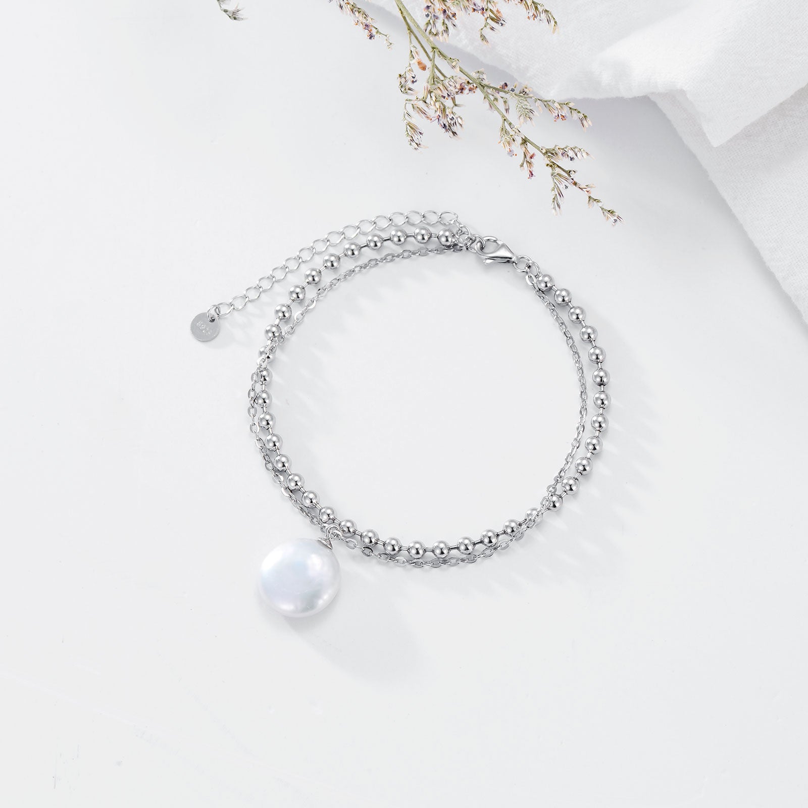 Sterling Silver Circular Shaped Pearl Round Layerered Bracelet