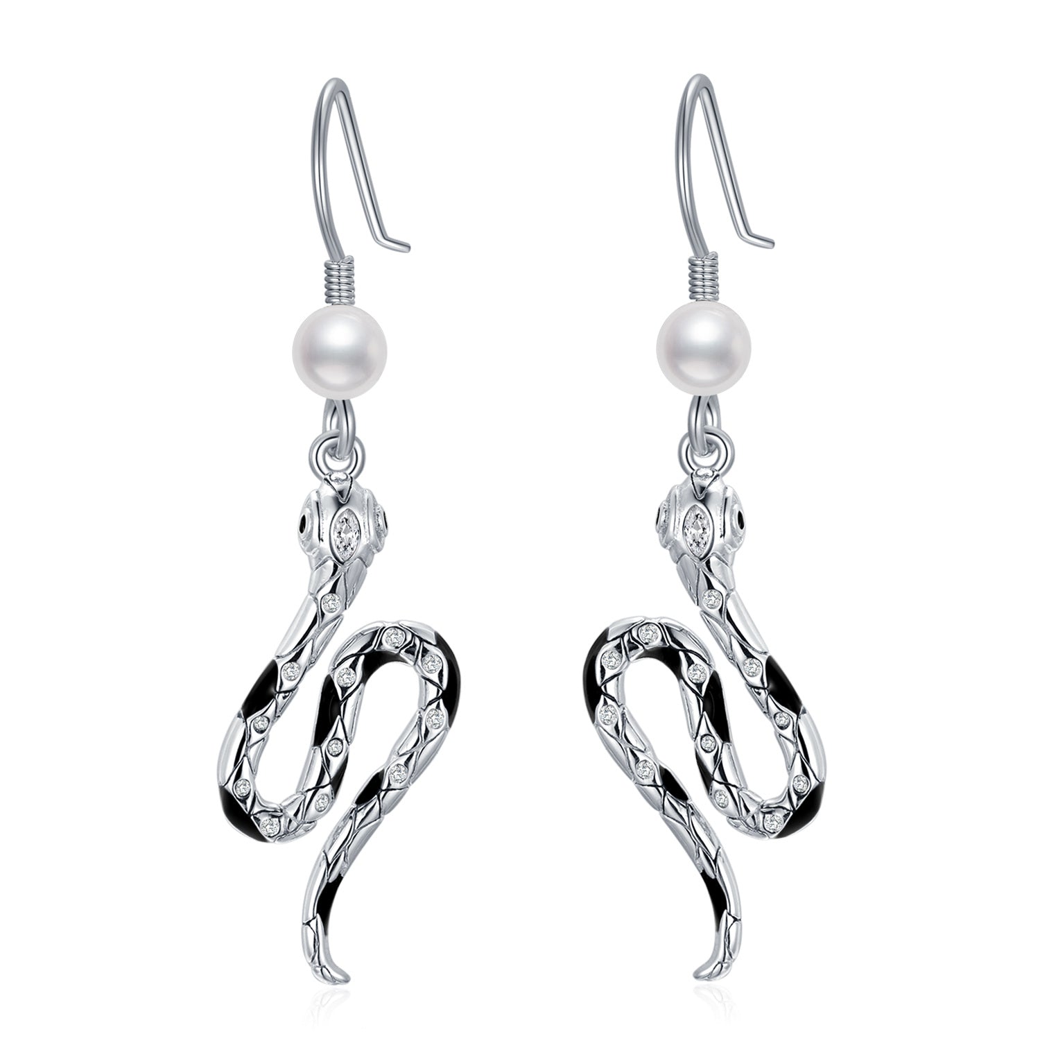 Sterling Silver Circular Shaped Pearl Snake Stud Earrings