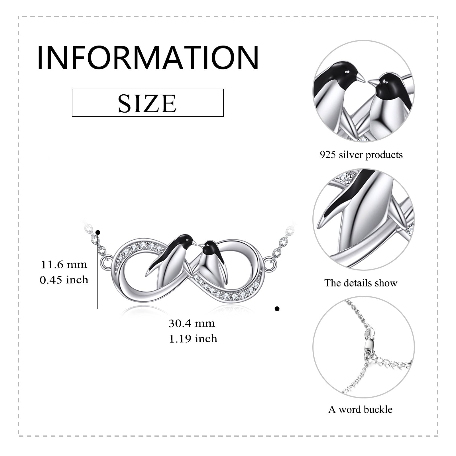 Sterling Silver Circular Shaped Cubic Zirconia Penguin & Infinity Symbol Pendant Necklace