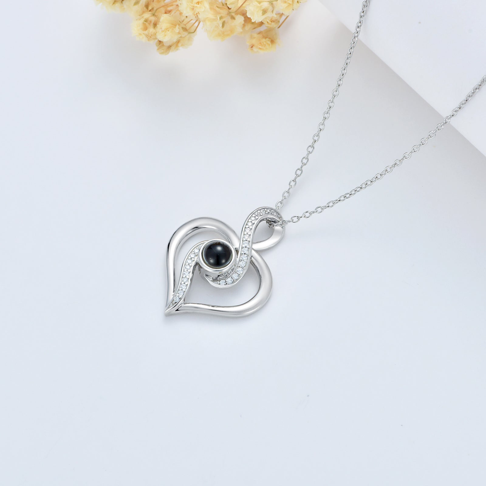 Sterling Silver Circular Cubic Zirconia Projection Stone Heart Infinity Pendant Necklace With Engraved Word For Women