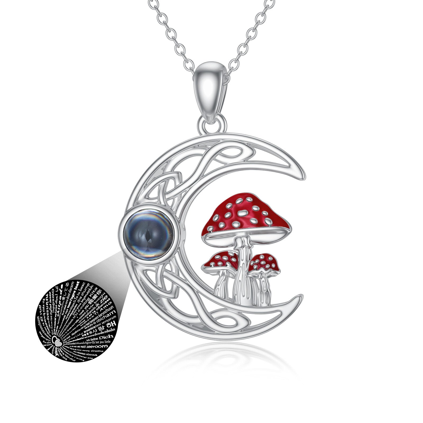 Sterling Silver Circular Projection Stone Mushroom & Celtic Knot Moon Pendant Necklace With Engraved Word For Women