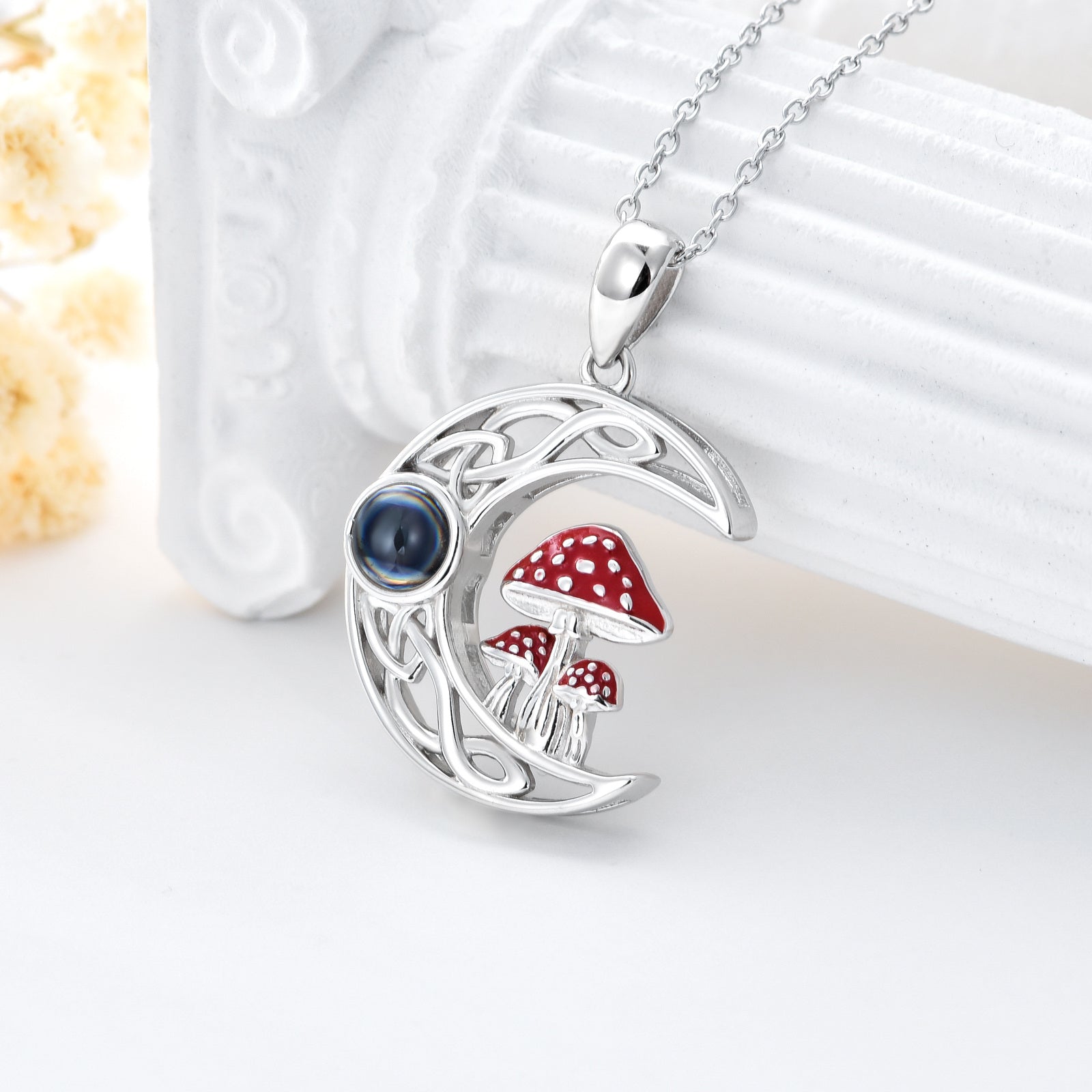Sterling Silver Circular Projection Stone Mushroom & Celtic Knot Moon Pendant Necklace With Engraved Word For Women