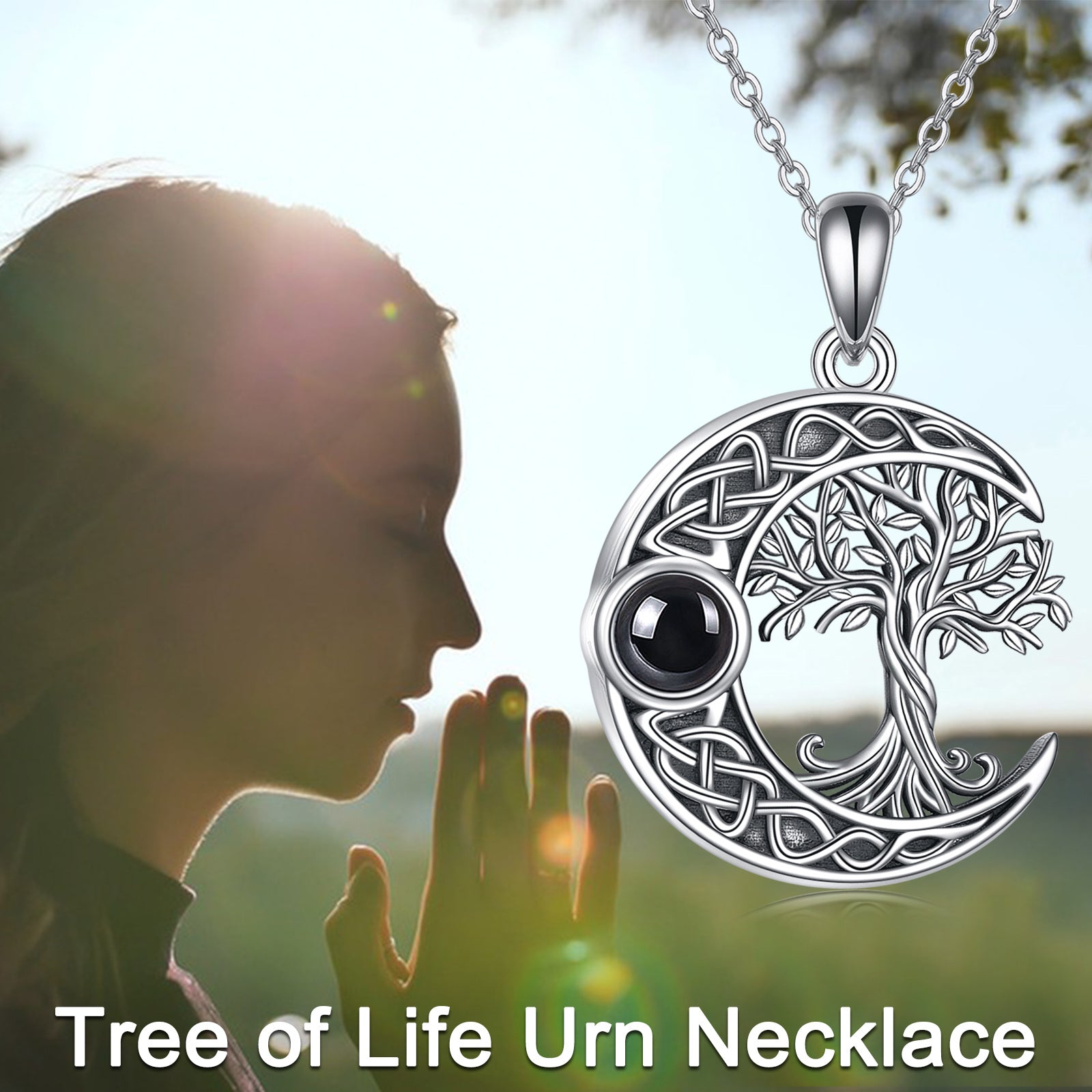 Sterling Silver Circular Projection Stone Tree Of Life & Celtic Knot & Moon Engraved Word Urn Necklace For Ashes For Women Best Friends