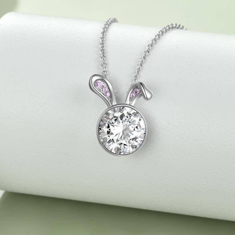 Sterling Silver Circular Shaped Cubic Zirconia Rabbit Pendant Necklace