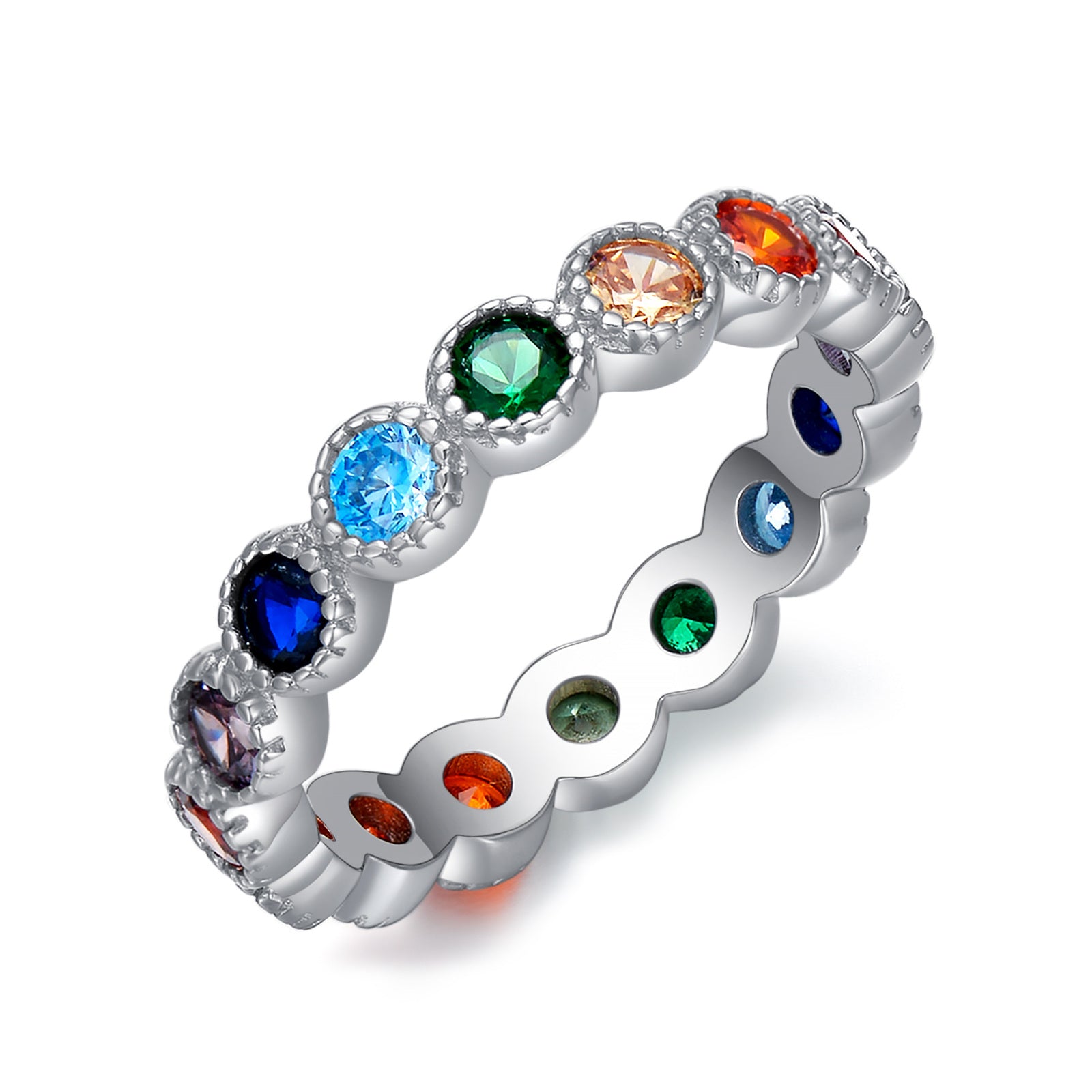 Sterling Silver Round Shaped Cubic Zirconia Chakras & Rainbow Ring