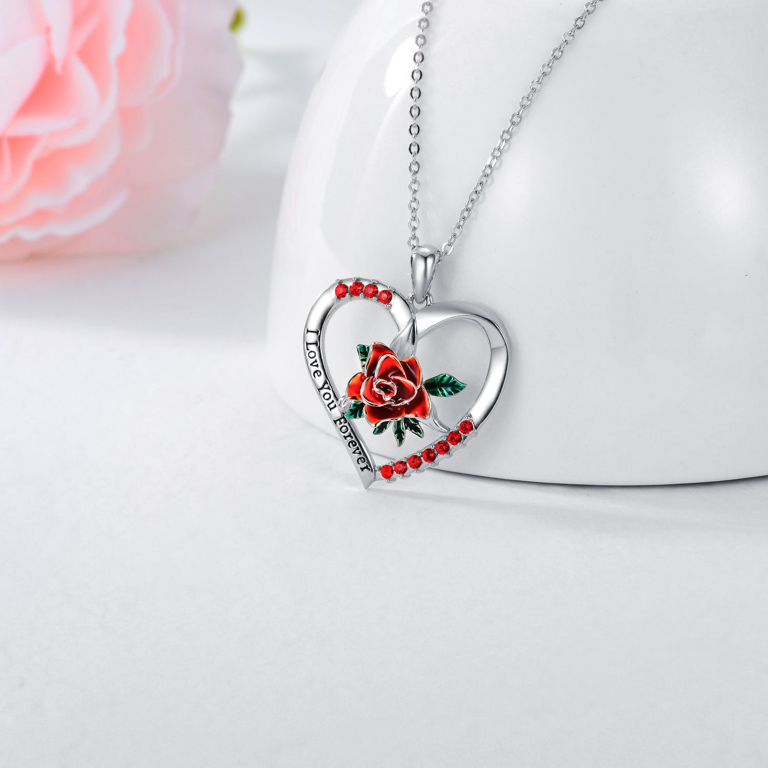 Sterling Silver Cubic Zirconia Rose & Heart Pendant Necklace