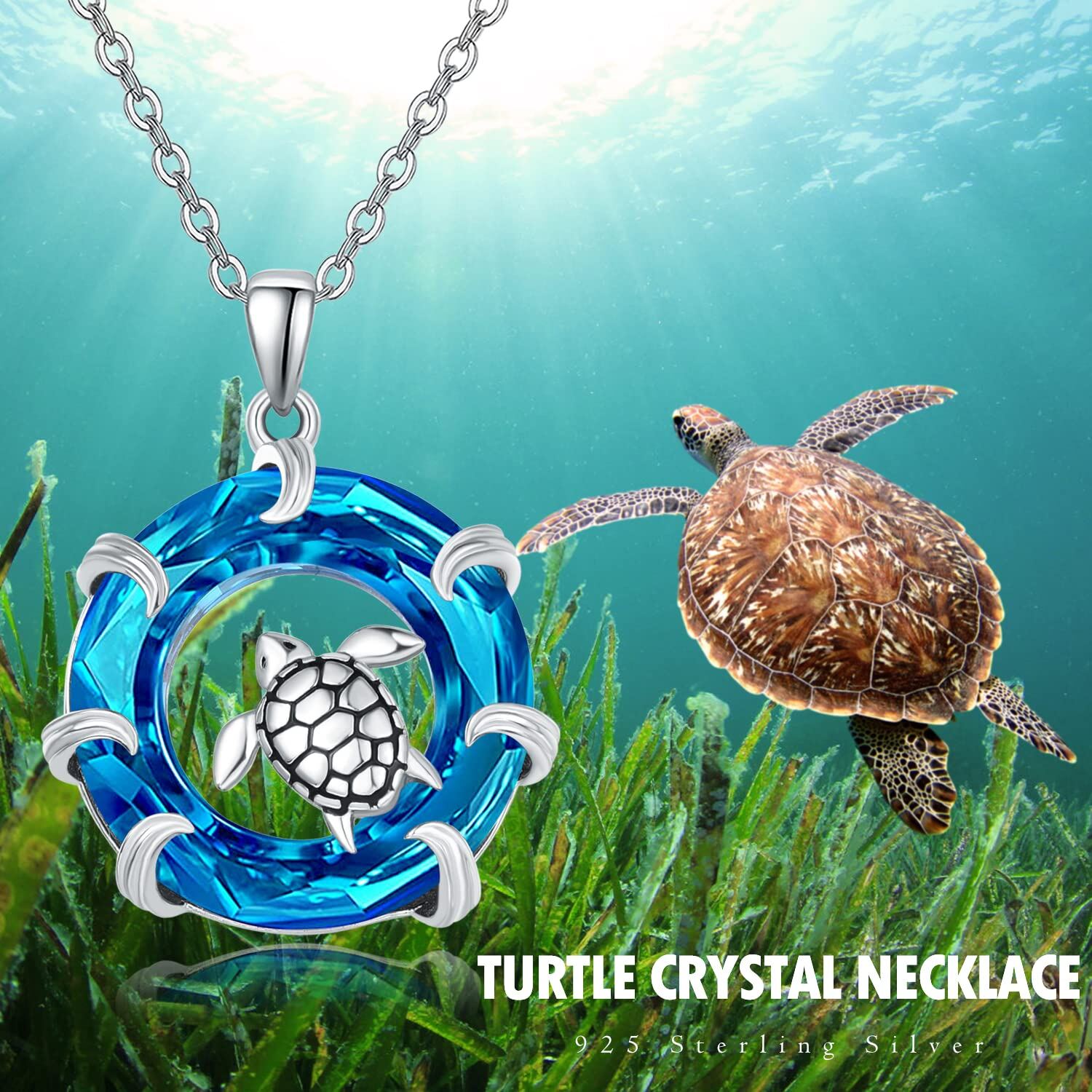 Sterling Silver Circular Shaped Sea Turtle Crystal Pendant Necklace