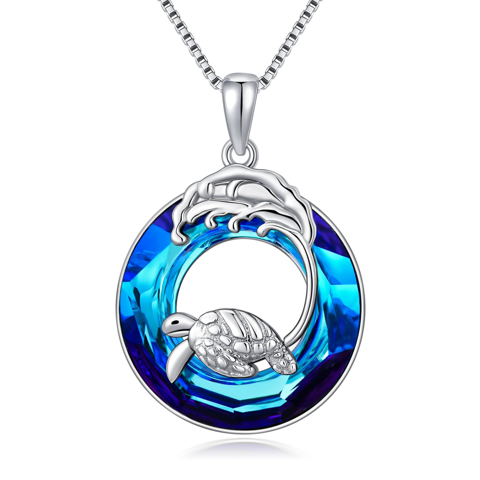 Sterling Silver Circular Shaped Sea Turtle & Spray Crystal Pendant Necklace