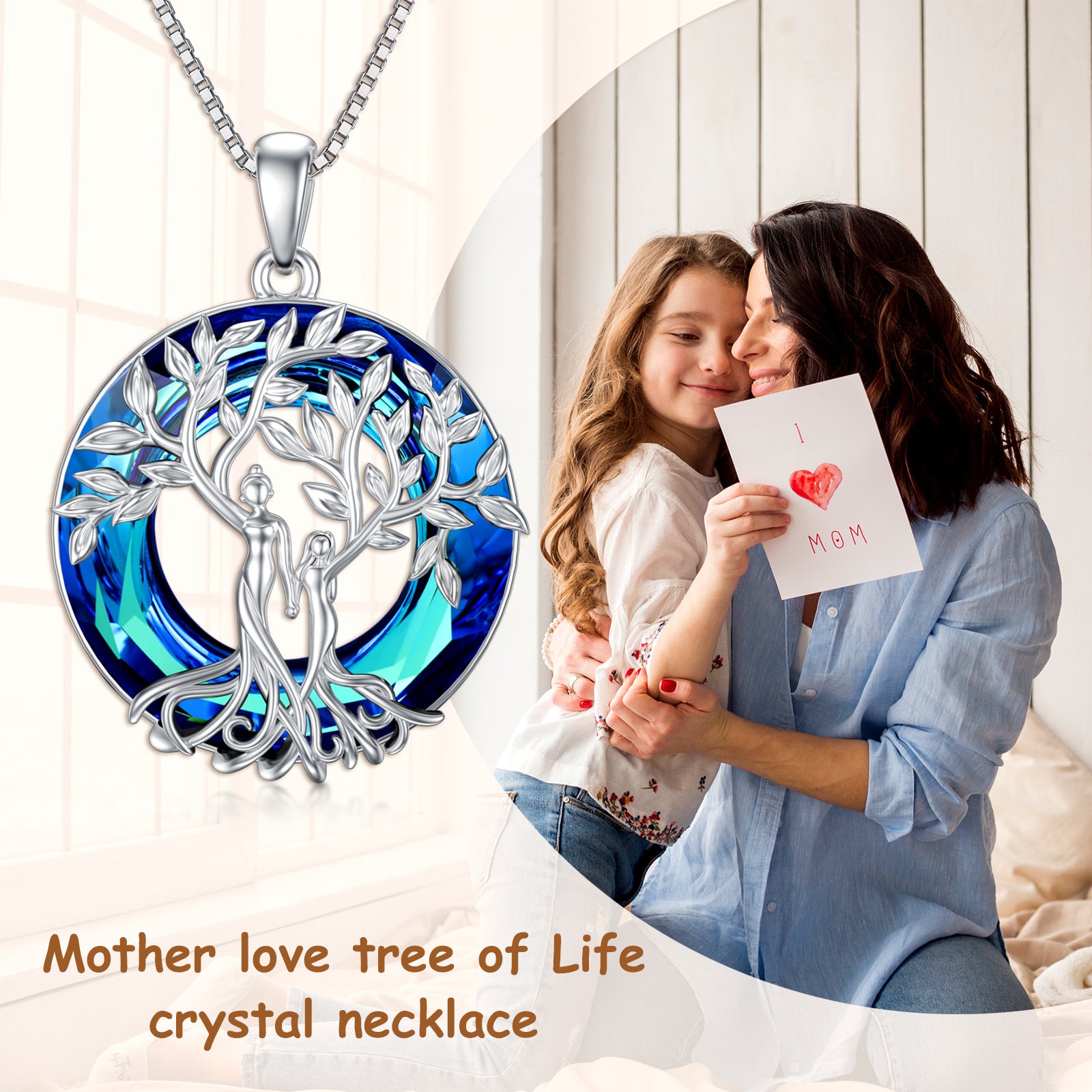 Sterling Silver Circular Shaped Sisters Tree Of Life Crystal Pendant Necklace